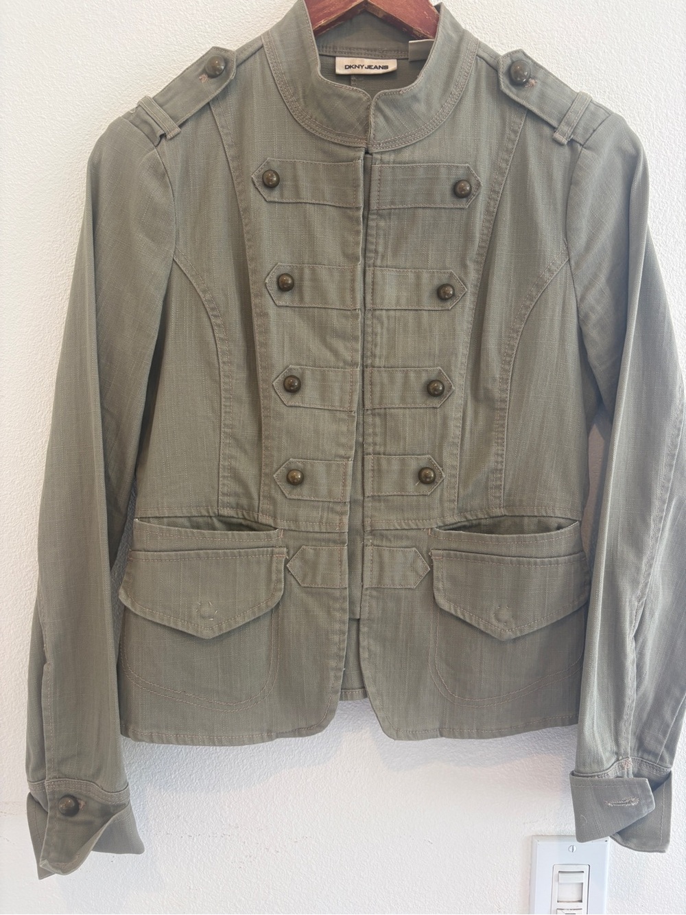 DKNY JEANS Vintage Gray/Green Military Double-Breasted Button Front Jacket S